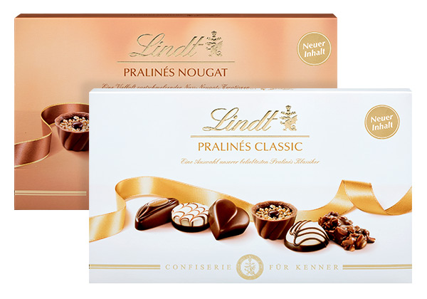 Produktabbildungen versch. Sorten Lindt Pralinés