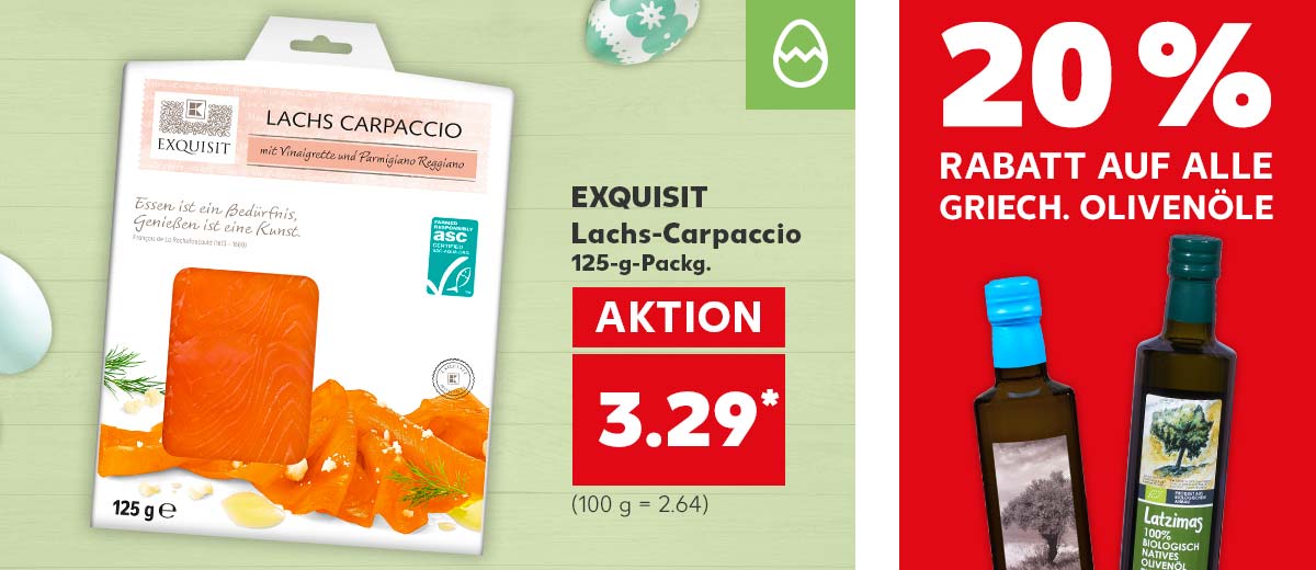 Produktabbildung EXQUISIT Lachs-Carpaccio und Hinweis 20 Prozent Rabatt auf alle griech. Olivenöle