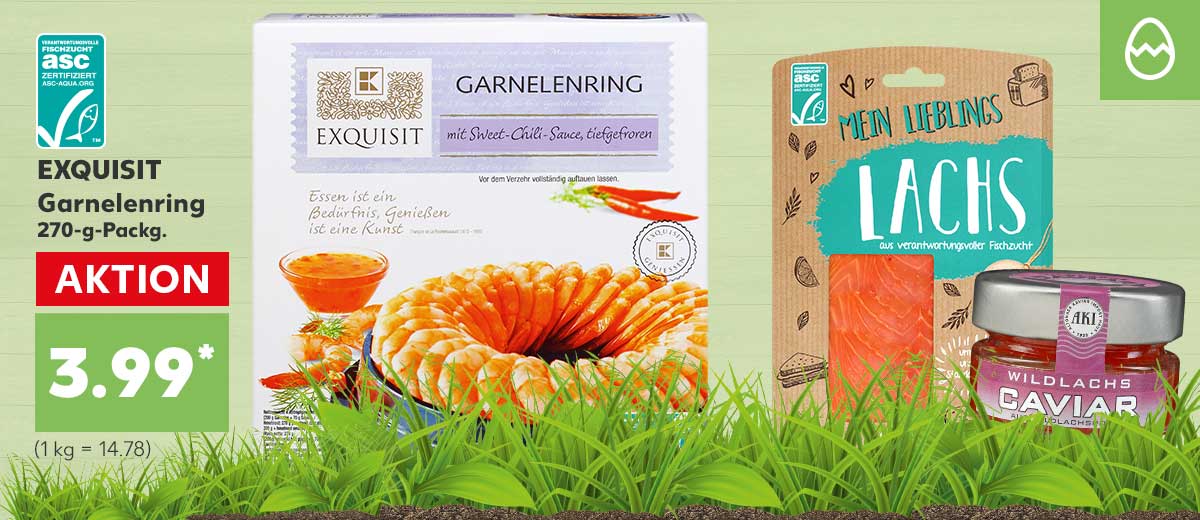 Produktcollage: EXQUISIT Garnelenring, Krone Mein-Lieblings-Lachs und Aki Wildlachs-Caviar
