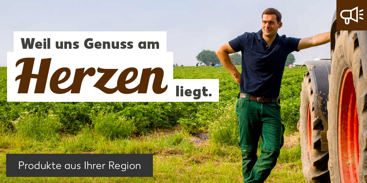Personenabbildung: Landwirt auf dem Feld, Schriftzug: Weil uns Genuss am Herzen liegt.