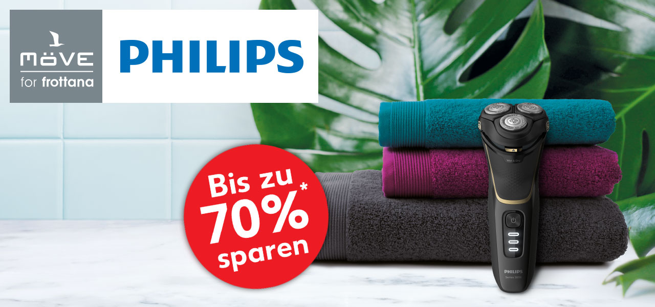 möve-/Philps-Logo und Abbildung versch. Treueprämien; Hinweis bis zu 70 Prozent sparen*
