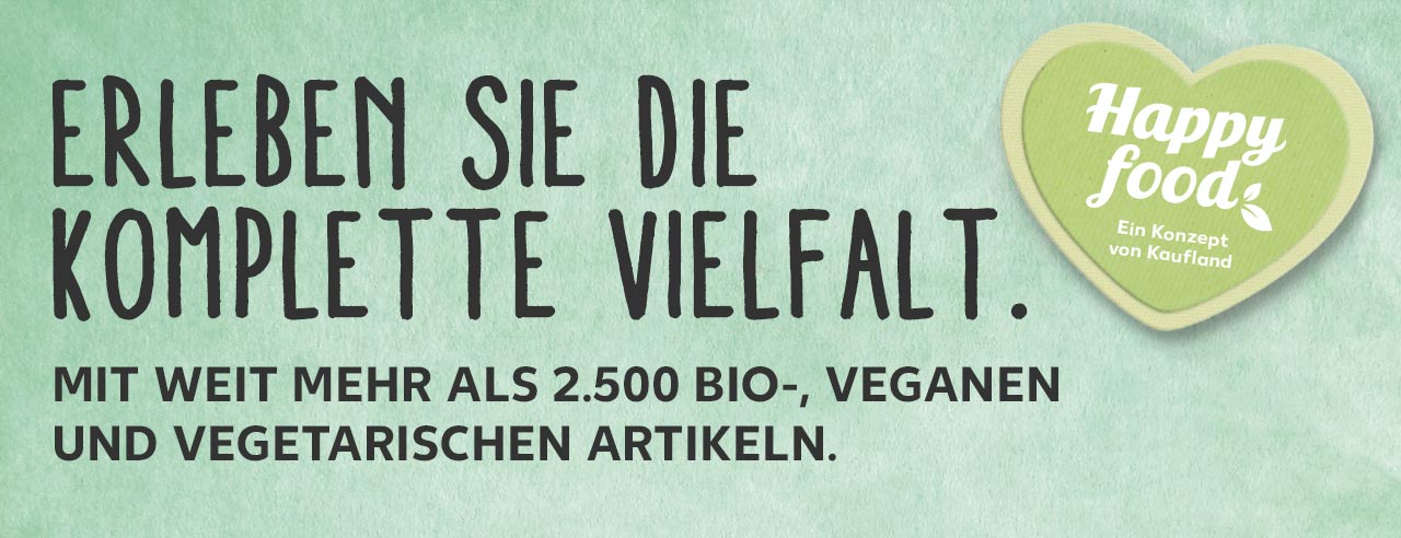 Erleben Sie die komplette Vielfalt. Mit weit mehr als 2.500 Bio-, veganen und vegetarischen Artikeln.; Happy-Food-Logo