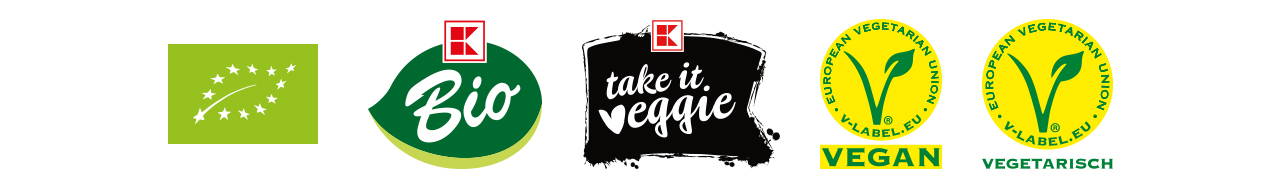 EU-Bio-Siegel, K-Bio-Logo, K-take-it-veggie-Logo, V-Label Vegan, V-Label Vegetarisch
