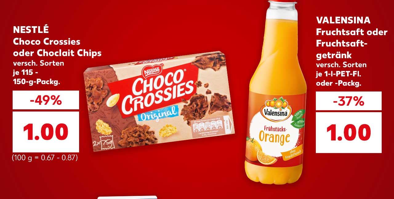 Produktabbildungen: Nestlé Choco Corssies oder Choclait Chips und Valensina Fruchtsaft oder Fruchtsaftgetränk
