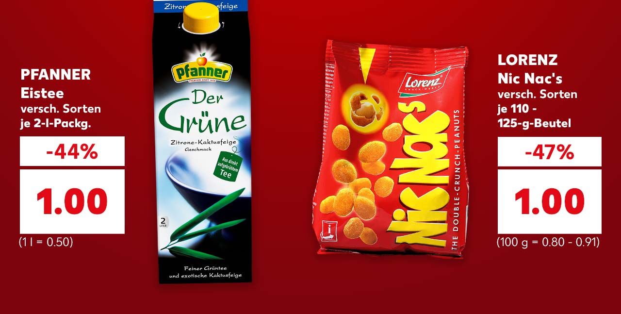 Produktabbildungen: Pfanner Eistee und Lorenz Nic Nac's