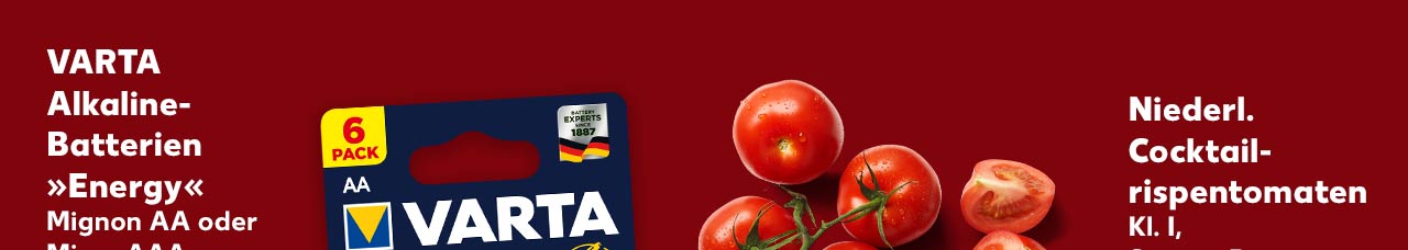 Produktabbildungen Varta Alkaline-Batterien „Energy” und Niederl. Cocktailrispentomaten