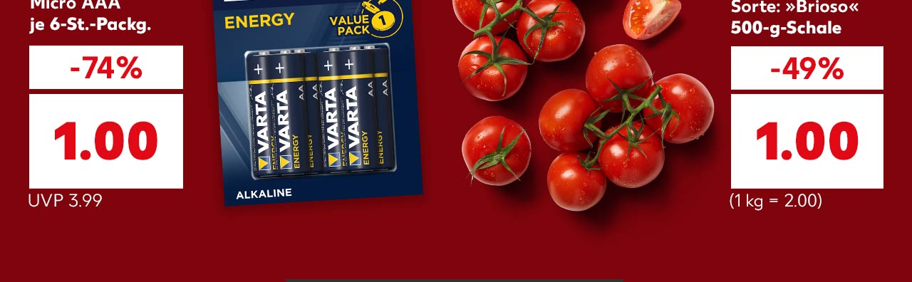 Produktabbildungen Varta Alkaline-Batterien „Energy” und Niederl. Cocktailrispentomaten