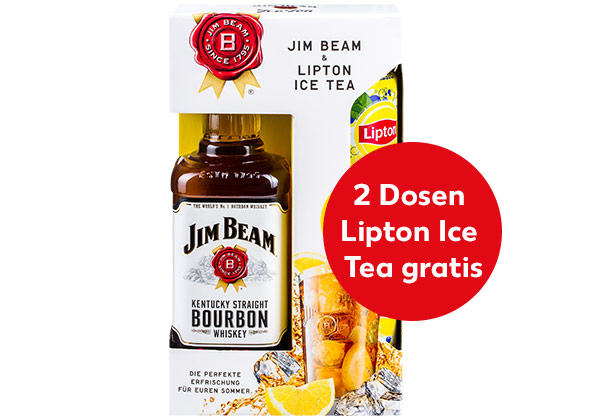 Produktabbildung: Jim Beam Kentucky Straight Bourbon Whiskey; Hinweis: 2 Dosen Lipton Ice Tea gratis