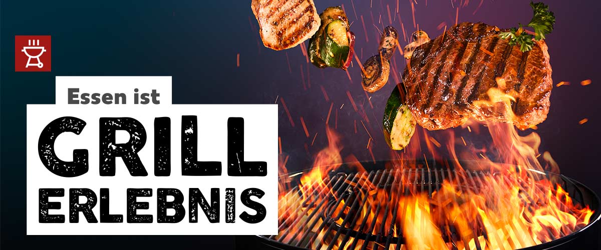 Essen ist Grillerlebnis; im Hintergrund fliegende Steaks über den Flammen des Rosts