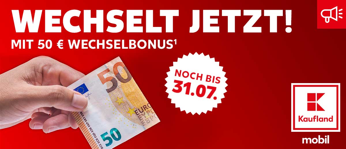 Hand hält Fünfzigeuroschein; Schriftzug: Wechselt jetzt! Mit 50 Euro Wechelbonus