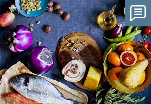 Produktabbildung: versch. Obst, Gemüse und Fisch