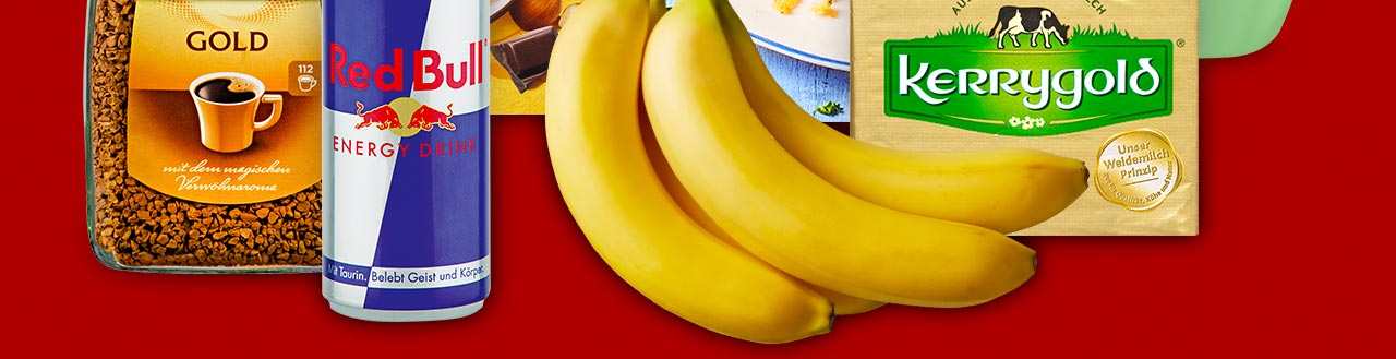 Produktcollage versch. Artikel wie Bananen, Redbull Energy Drink und mehr