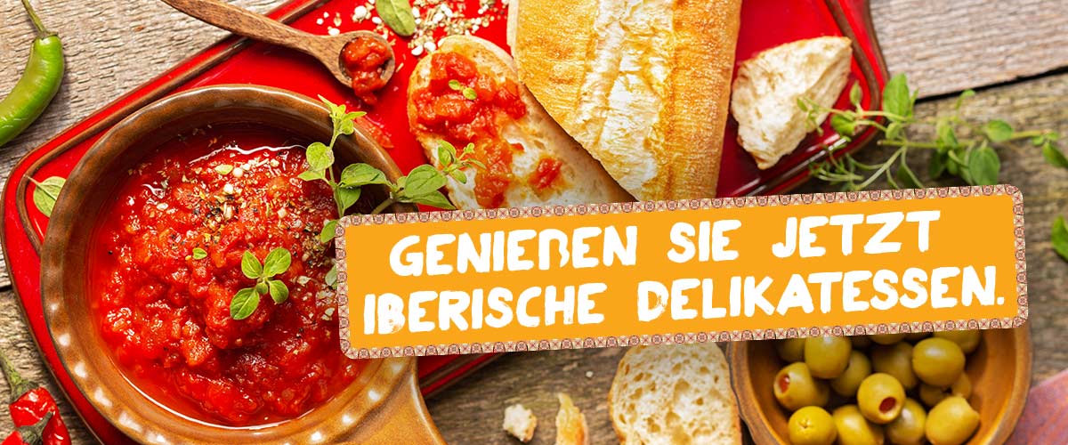 Collage versch. spanischer Gerichte; Schriftzug: Genießen Sie jetzt iberische Delikatessen.