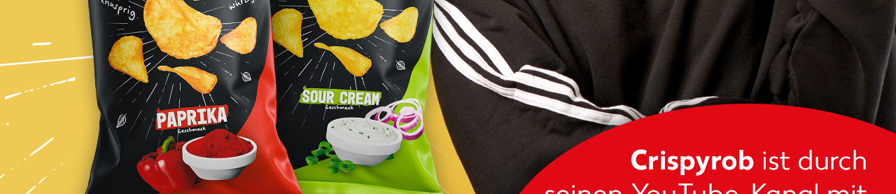 Abbildung: Youtuber Crispyrob; Produktabbildung: ROB's Chips wie sie sein sollten!