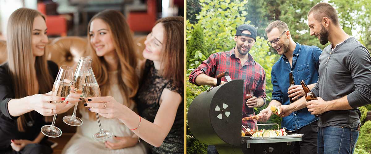 Abbildung: Mädels stoßen mit Sekt an und Männer stehen mit Bier am Grill