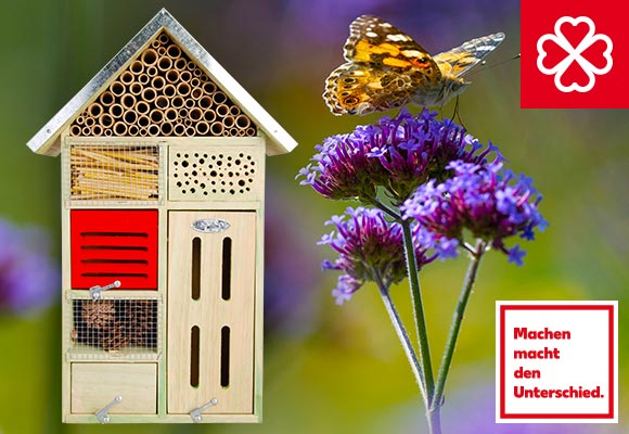 Abbildung: Hotel für Insekten; Blume mit Schmetterling; Logo: Machen macht den Unterschied.