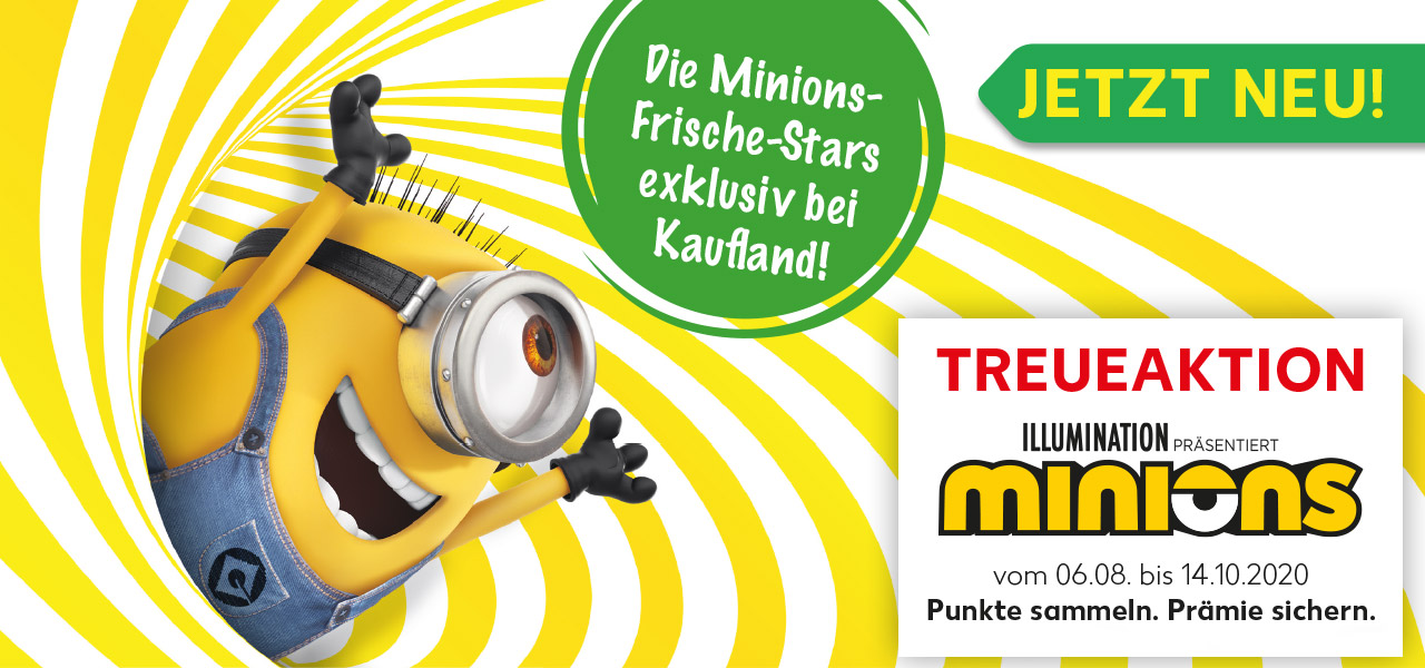 Abbildung: Minion, der aus einem gelben Strudel kommt; Störer: Die Minions-Frische-Stars exklusiv bei Kaufland; Treueaktion vom 6. August bis 14. Oktober 2020