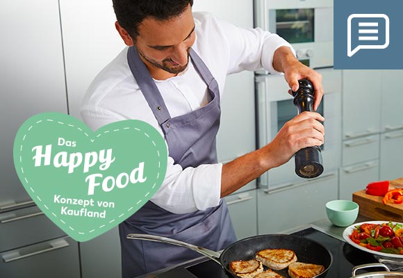 Abbildung: Alex Wahi bei der Burger-Zubereitung; Störer: Das Happy Food Konzept von Kaufland