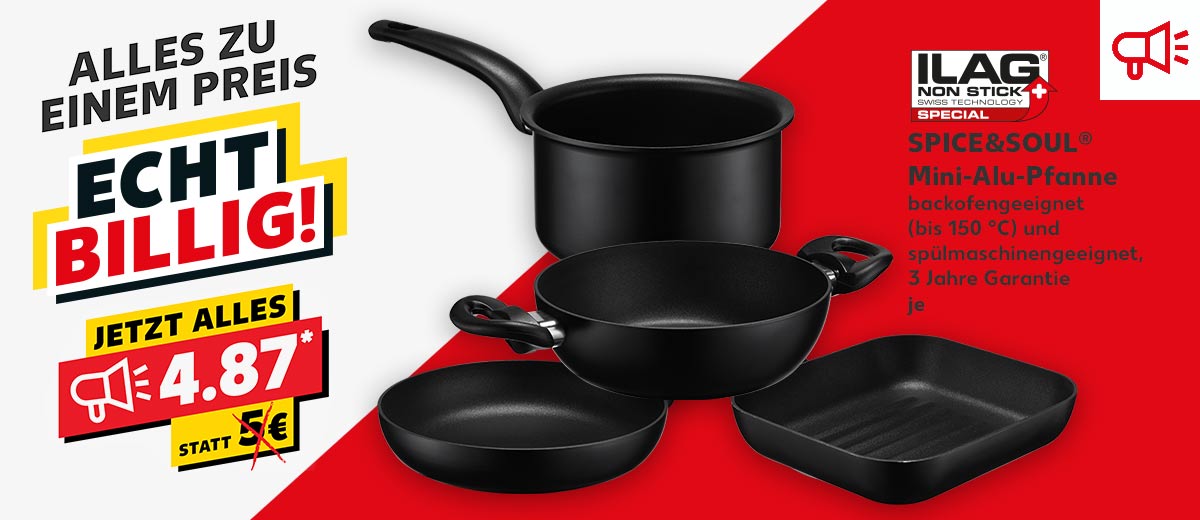 Schriftzug: Alles zu einem Preis; Echt billig! Jetzt alles nur 4.87 Euro; Produktabbildung: SPICE&SOUL Mini-Alu-Pfannen