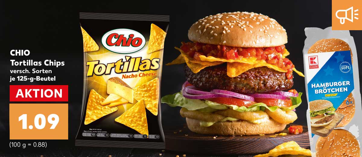 Produktabbildung: CHIO Tortillas Chips, Hamburger Brötchen und zubereiteter Burger