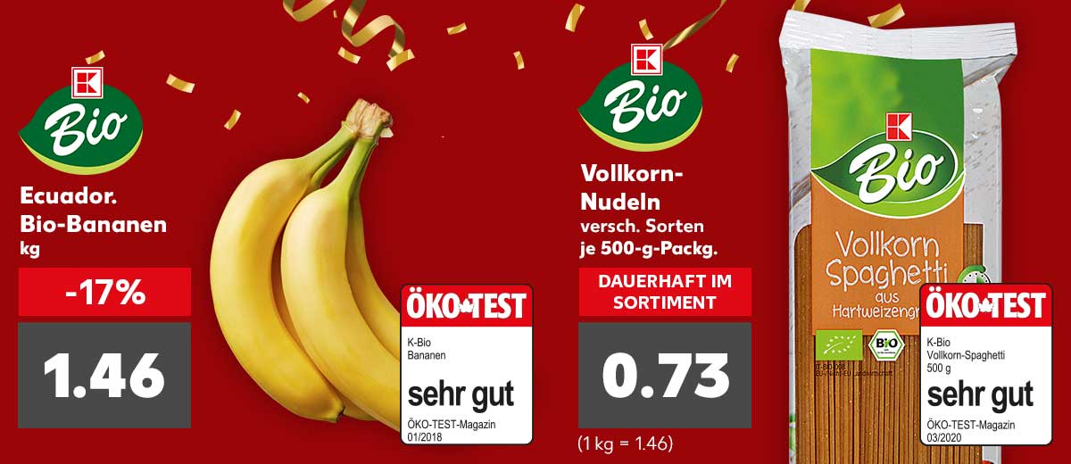 Logo: K-Bio; Abbildung: Bananen und Vollkorn-Nudeln
