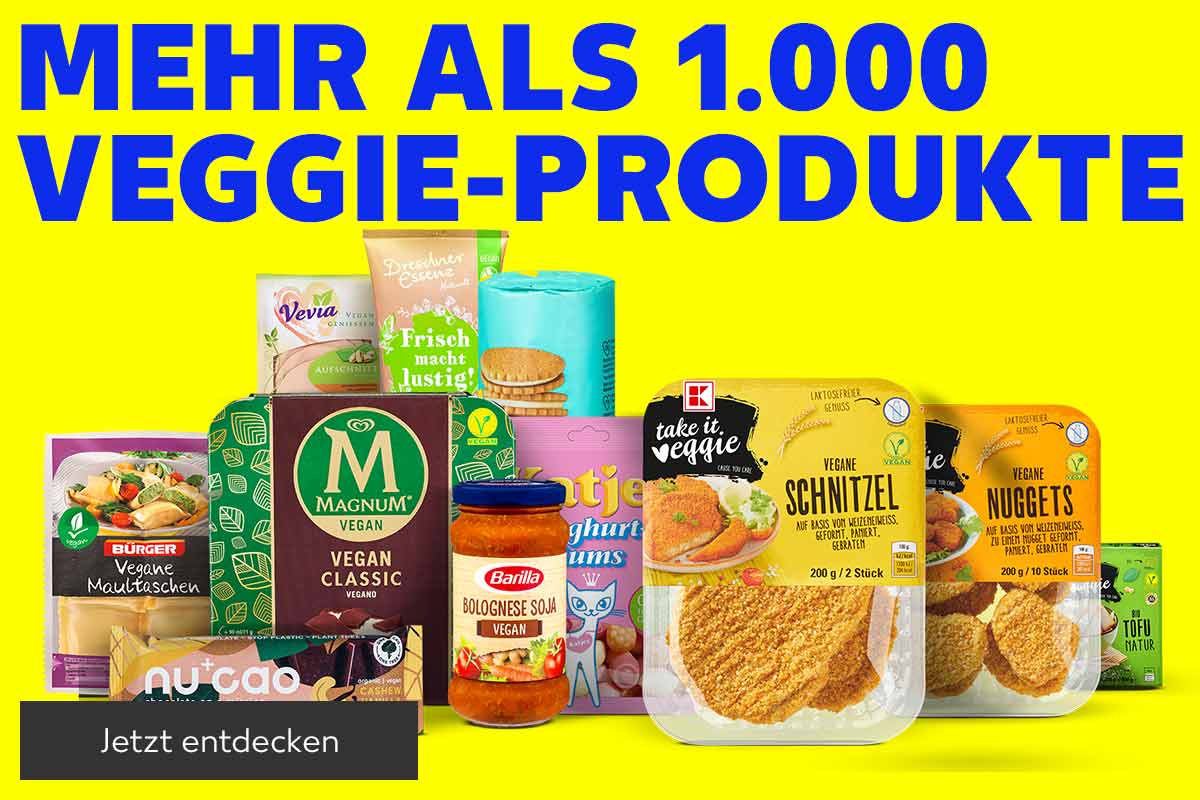 Schriftzug: Mehr als 1.000 Veggie-Produkte; Button: Jetzt entdecken; Abbildung: verschiedene Veggie-Produkte