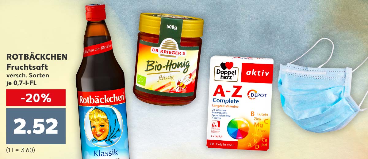 Abbildung: ROTBÄCKCHEN Fruchtsaft, Honig, DOPPELHERZ-Produkt und Mund-Nasen-Maske