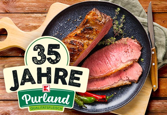 Logo: 35 Jahre K-Purland Qualitätsfleisch; Abbidlung: Fleisch in einer Pfanne zubereitet