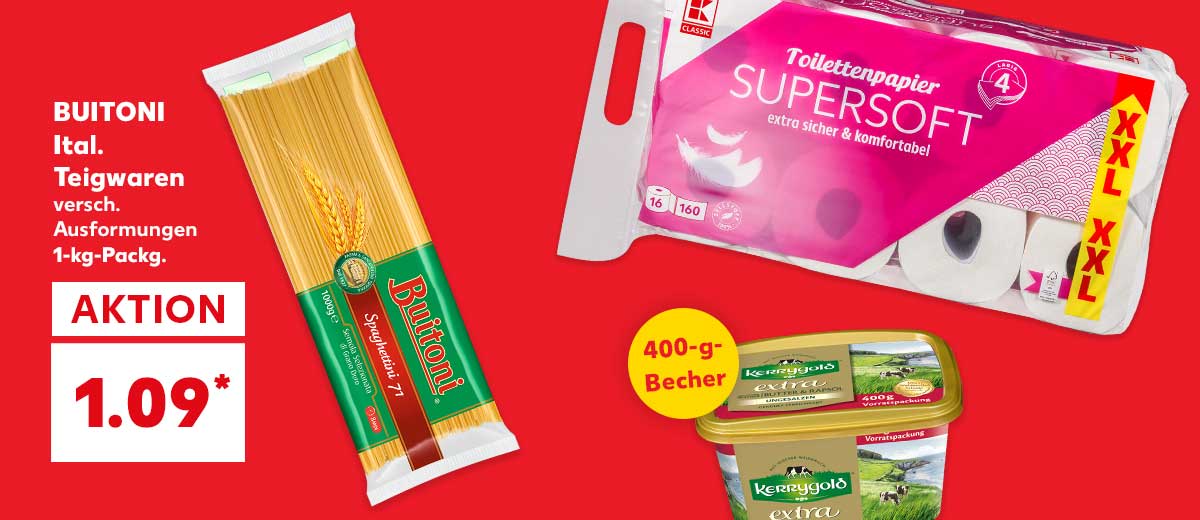Abbildung: BUITONI Ital. Teigwaren für 1.09 Euro*; 400-g-Becher KERRYGOLD extra und K-CLASSIC Toilettenpapier