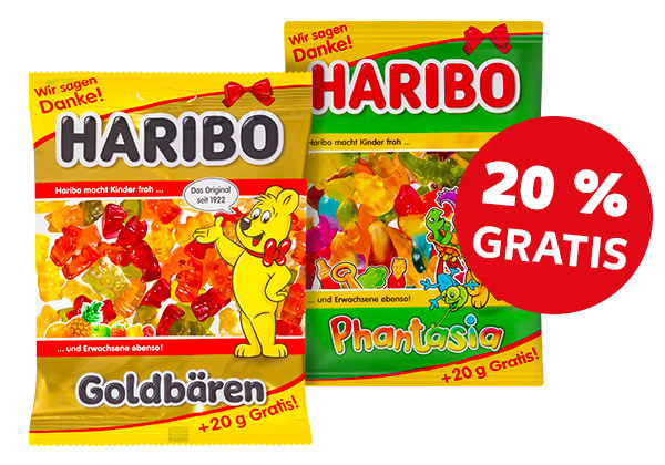 HARIBO Fruchtgummis; Störer: 20 Prozent gratis