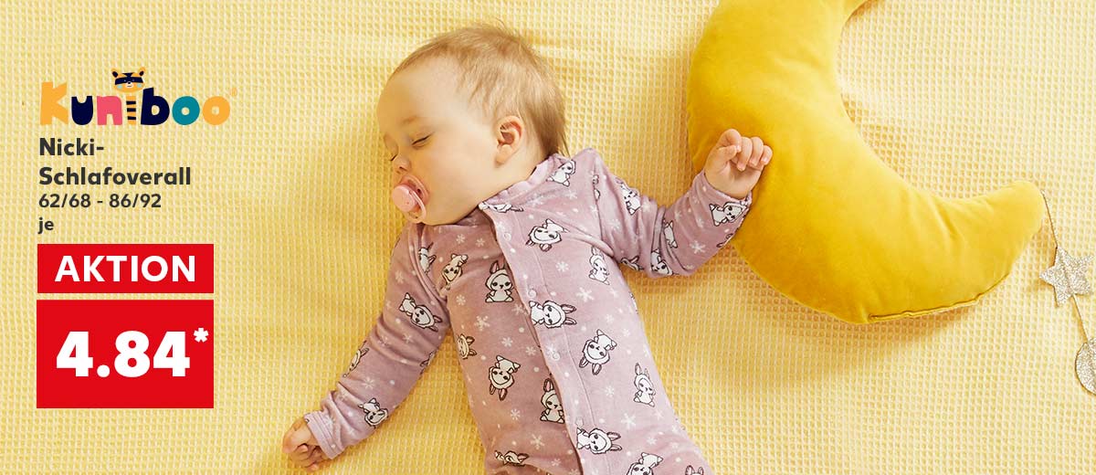 Abbildung: Kind schläft und trägt KUNIBOO® Nicki Schlafoverall für 4.84 Euro*; Logo: KUNIBOO®