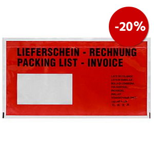 Dokumententasche DEBATEC DIN lang, rot, selbstklebend, Druck Lieferschein/Rechnung