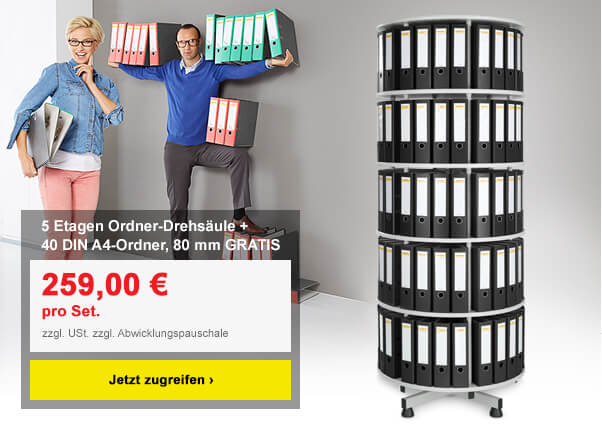 5 Etagen Ordner-Drehsäule + 40 DIN A4-Ordner, 80 mm schwarz GRATIS