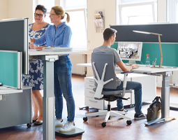 3 Personen in flexiblem Büro mit Steh- & Sitzarbeitsplatz. 