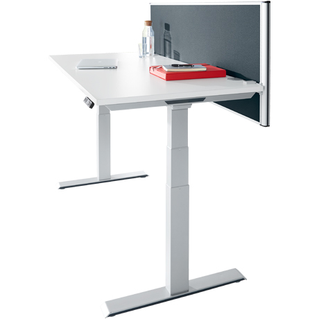 "Schreibtisch MODENA FLEX, elektr. höhenverstellbar, Rechteck, T-Fuß, 1600 x 645-1290 mm, Ahorn + Trennwand"