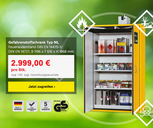 Gefahrstoffschrank Typ 90, Feuerwiderstand DIN EN 14470-1/DIN EN 14727, B 1196 x T 616 x H 1968 mm, sicherheitsgelb RAL 1004