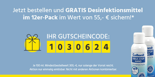 Jetzt bestellen & GRATIS Desinfektionsmittel im 12er-Pack sichern | Jetzt Gutschein einlösen