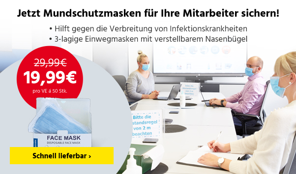 Mitarbeiter mit Mundschutz im Meeting-Raum unter Hygiene- & Abstandsvorschriften