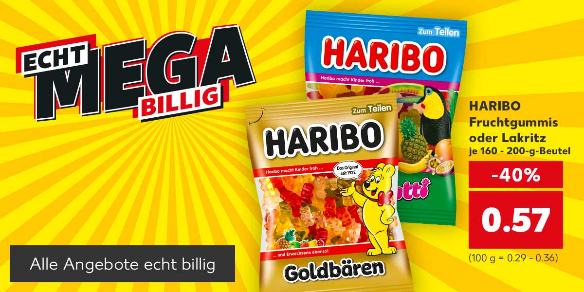 Schriftzug: Echt mega billig; Abbildung: Span. Clementinen Kl. I, 1-kg-Netz für 0.95 Euro und HARIBO Fruchtgummis oder Lakritz je 160 - 200-g-Beutel für 0.57 Euro; Button: Alle Angebote echt billig
