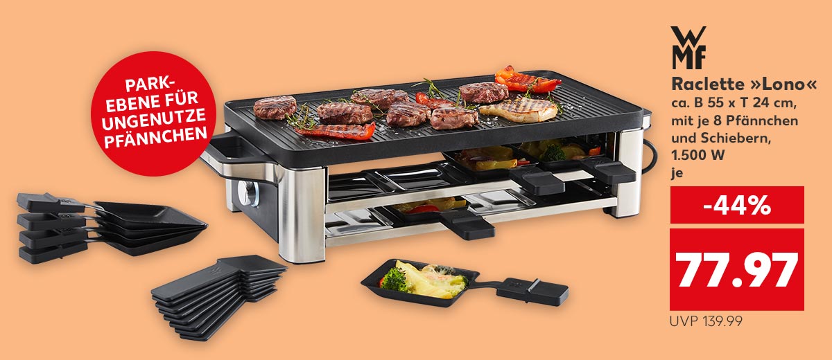 Abbildung: WMF Raclette-Gerät „Lono” für 77.97 Euro; Störer: Park-Ebene für ungenutzte Pfännchen