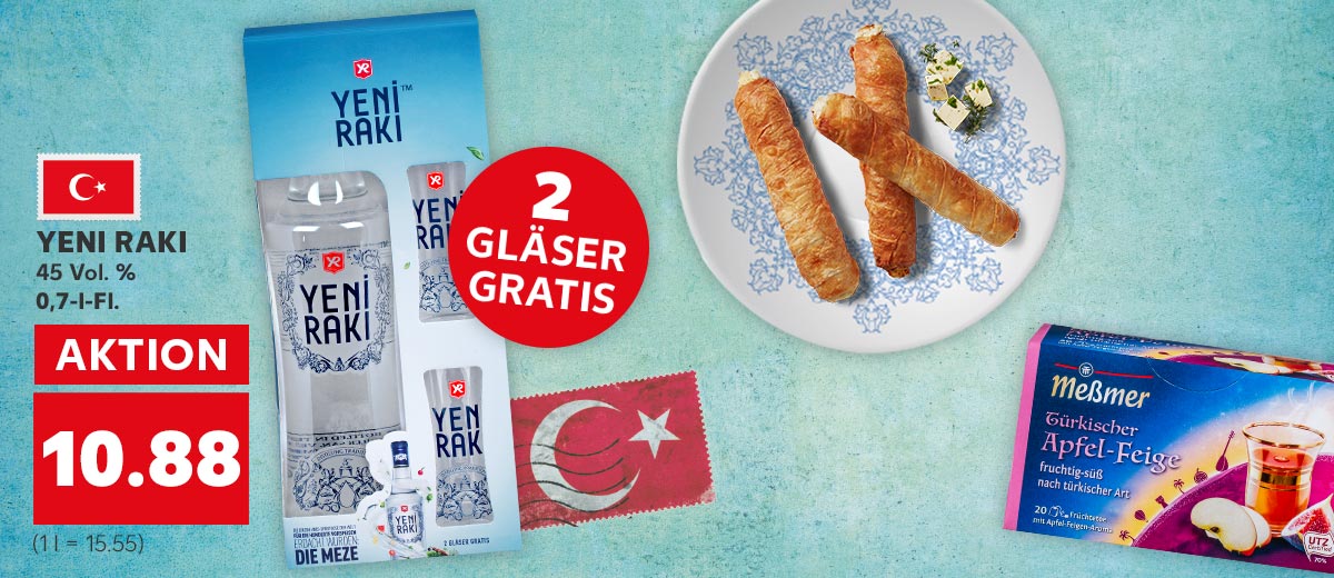 Abbildung: YENI RAKI 45 Vol. % je 0,7-l-Fl. für 10.88 Euro und zwei Gläser gratis; Böreksticks auf einem Teller und MESSMER Ländertee Türkischer Apfel-Feige