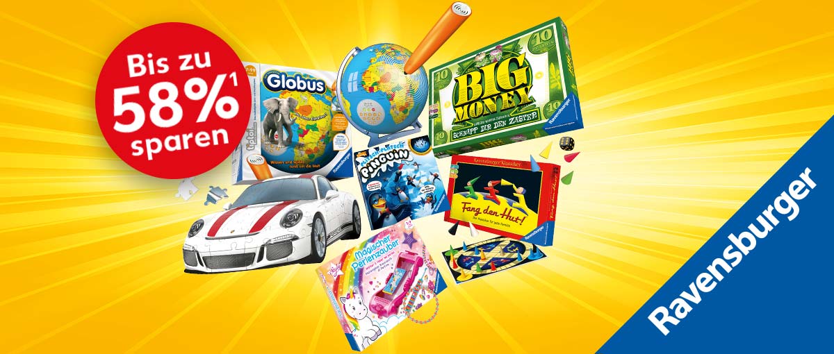 Abbildung: versch. Spiele von RAVENSBURGER; Logo: RAVENSBURGER; Störer: Bis zu 58 Prozent¹ sparen