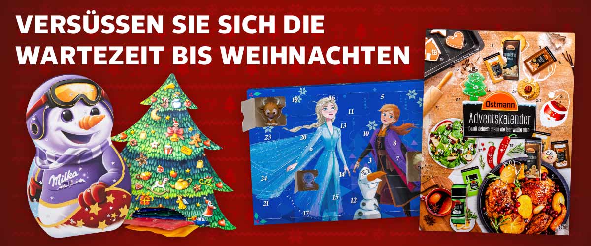 Abbildung: versch. Adventskalender; Schriftzug: Versüßen Sie sich die Wartezeit bis Weihnachten
