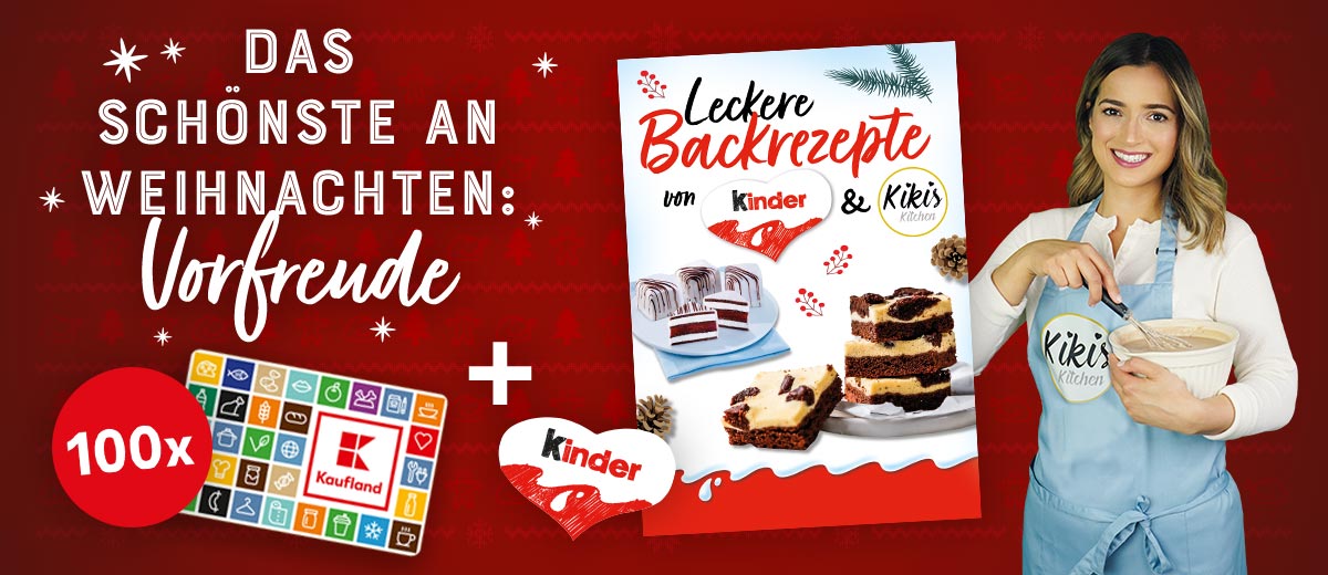 Schriftzug: Das Schönste an Weihnachten: Vorfreude; Abbildung: Kiki und tolle Gewinne wie 100 Einkaufsgutscheine inkl. einem Backbuch von KINDER und Kikis Kitchen mit leckeren Rezepten