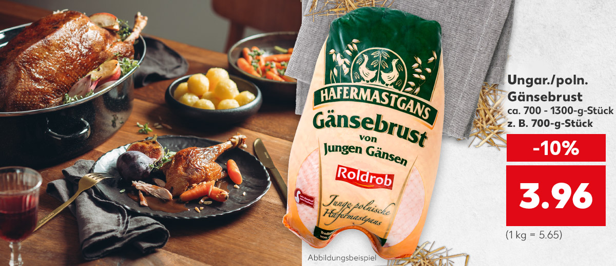 Abbildung: zubereitete Gänsebrust; Produkt: Ungar./poln. Gänsebrust ca. 700 - 1300-g-Stück; z. B. 700-g-Stück für 3.96 Euro (1 kg = 5.65)