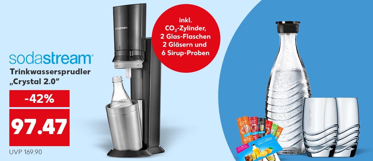 SODASTREAM Trinkwassersprudler „Crystal 2.0” für 97.47 Euro; UVP: 169.90; Störer: inkl. Co2-Zylinder, zwei Glas-Flaschen, 2 Gläsern und 6 Sirup-Proben