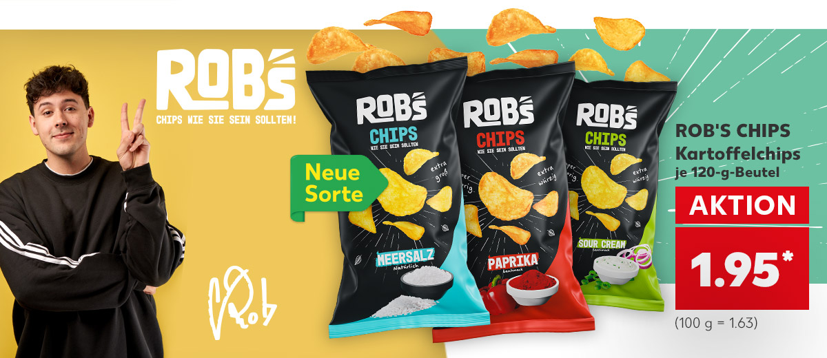 Logo: ROB'S CHIPS wie sie sein sollten! Abbildung: Rob und seine drei Chipssorten Paprika, Sour Cream und Meersalz + Störer: Neue Sorte; ROB'S CHIPS Kartoffelchips je 120-g-Beutel für 1.95 Euro* (100 g = 1.63)