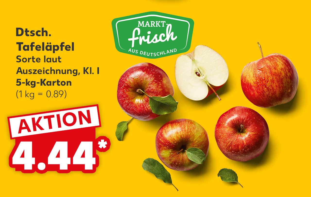 Dtsch. Tafeläpfel Sorte laut Auszeichnung, Kl. I je 5-kg-Karton für 4.44 Euro* (1 kg = 0.89); Logo: Marktfrisch aus Deutschland