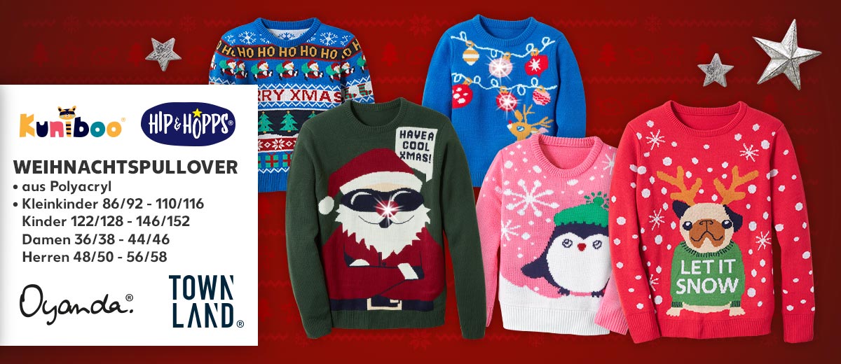Logo: KUNIBOO®,HIP&HOPPS®, OYANDA®, TOWNLAND®; Produktabbildung: Weihnachtspullover für Kinder und Erwachsene mit verschiedenen Motiven