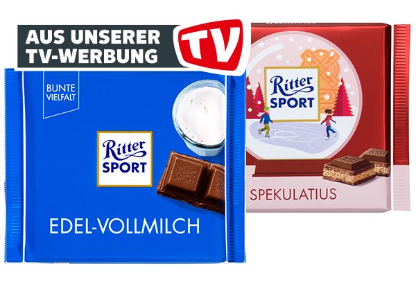 RITTER SPORT Schokolade Bunte Vielfalt; Störer: Aus unserer TV-Werbung